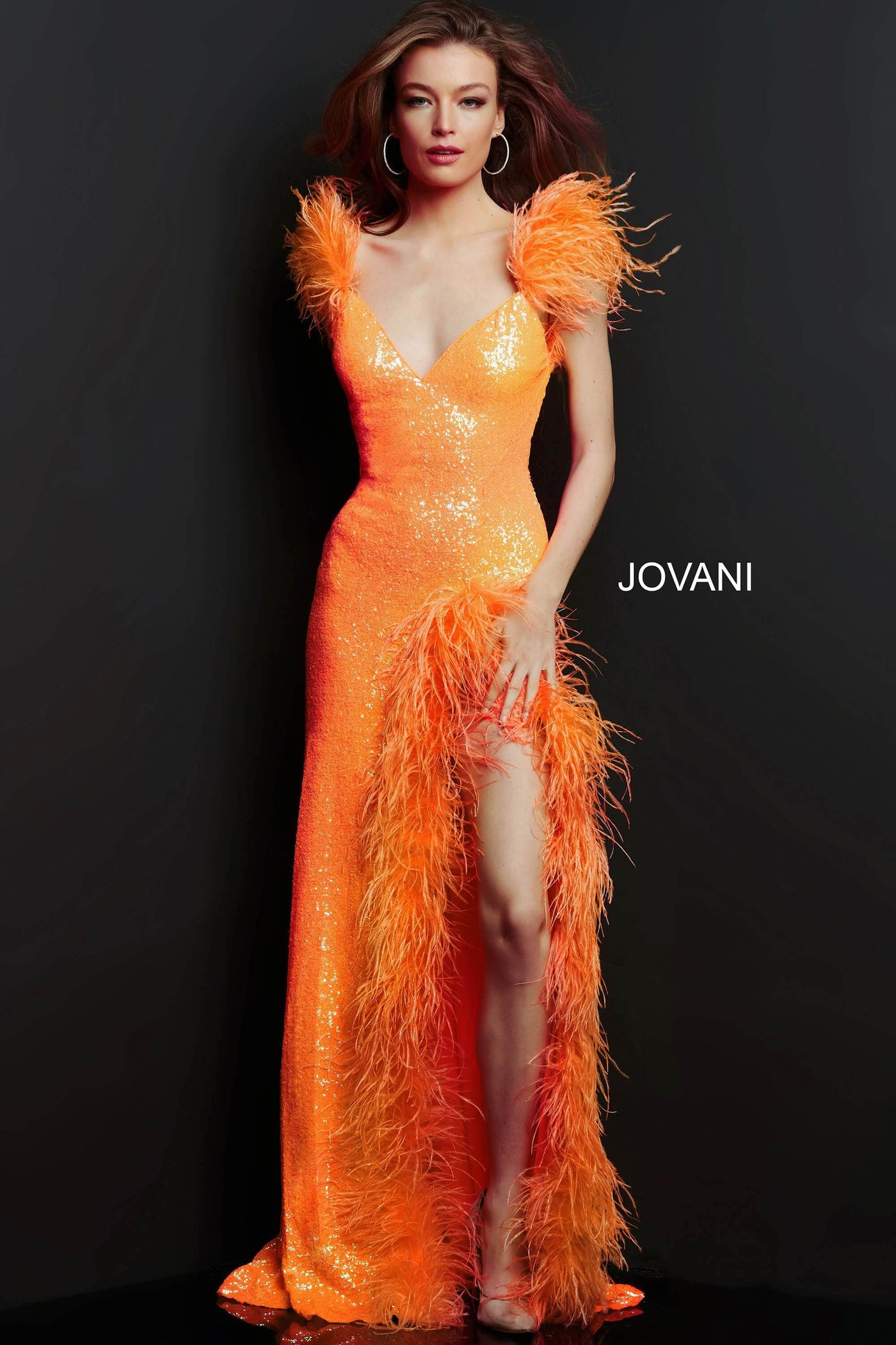 Jovani - 06164 Feather Trimmed High Slit Long Dress Prom Dresses