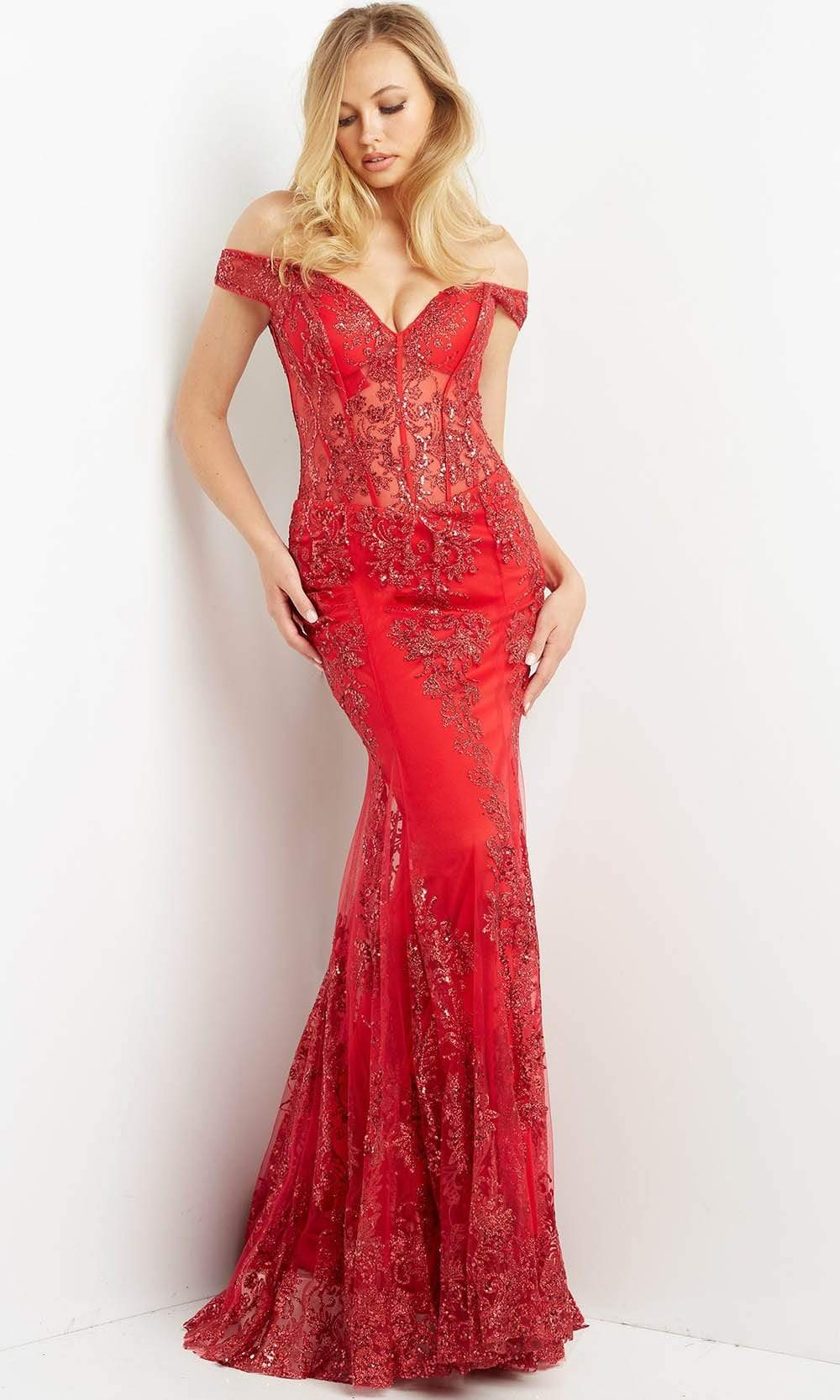 Jovani - Off Shoulder Gown 06369SC In Red