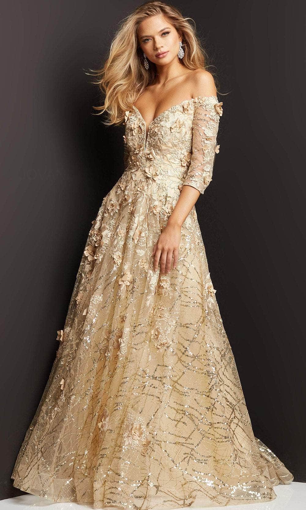 Jovani 06636 - Quarter Sleeve Floral Evening Gown Evening Dresses 00 / Champagne