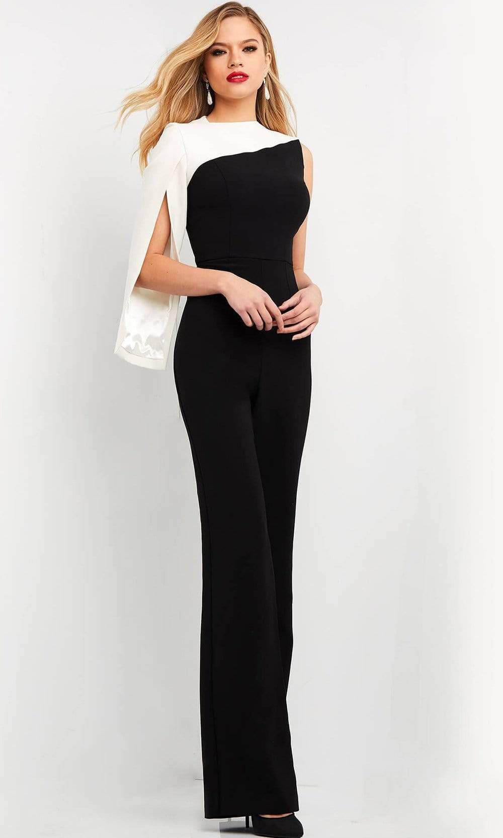 Jovani - 06875 Split Sleeve Contrast Jumpsuit Evening Dresses 00 / Black/Offwhite