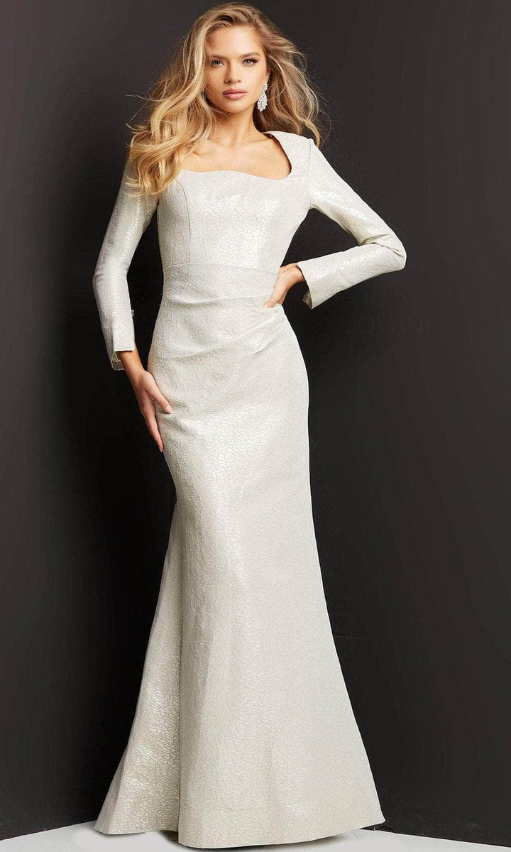 Jovani - Metallic Square Neck Evening Gown 06996SC In White
