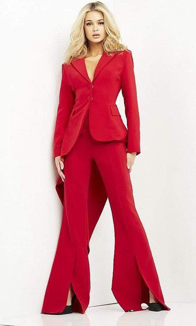 Jovani 07209SC - V-Neck Asymmetric Hem Pantsuit Evening Dresses 00 / Red