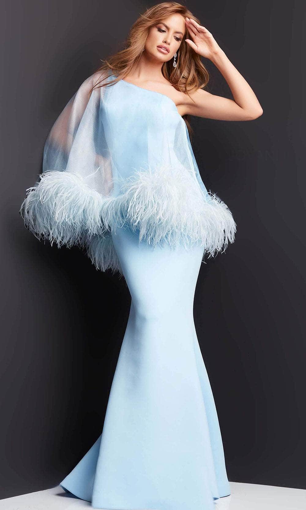 Jovani 07361 - Feathered Illusion Overlay Evening Dress Evening Dresses 00 / Light-Blue