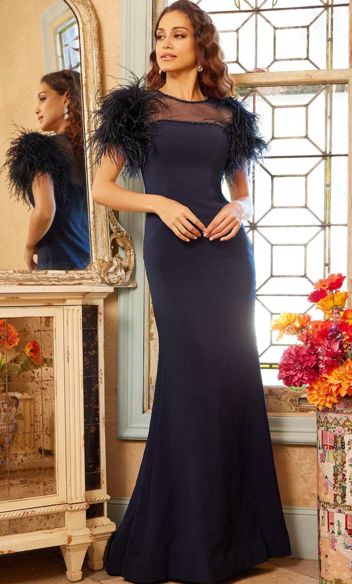 Jovani 07432 - Illusion Jewel Sheath Evening Dress Special Occasion Dress 00 / Navy