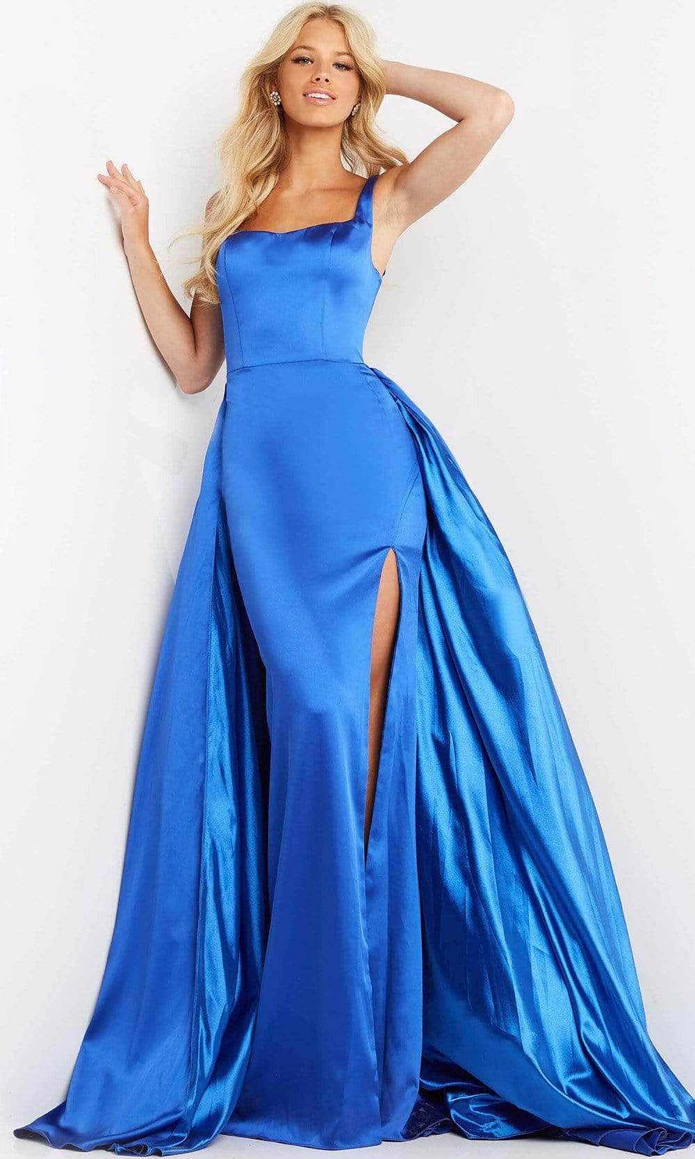 Jovani - 07440 Square Neck Pleated Overskirt Gown Prom Dresses 00 / Royal