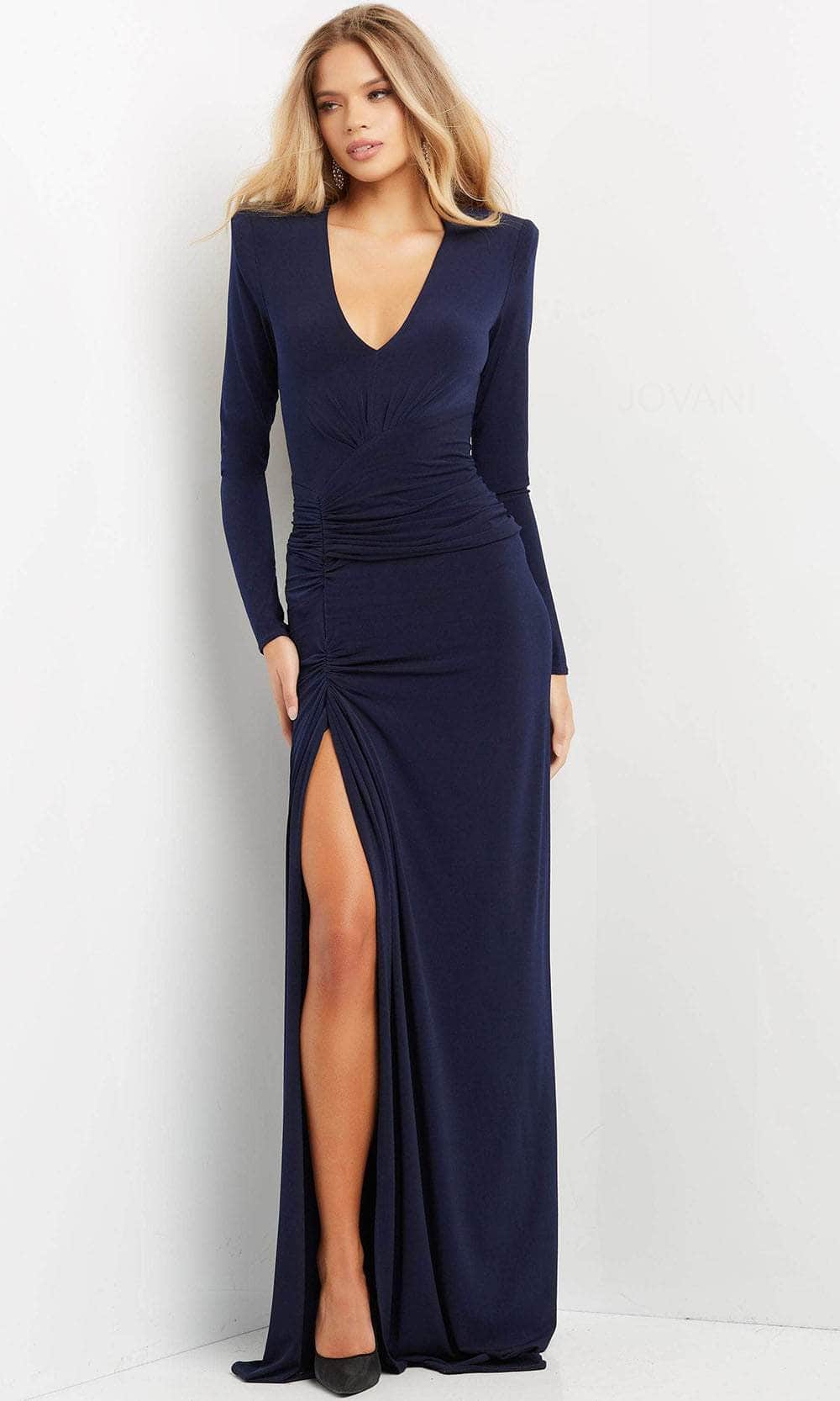 Jovani 07485 - Ruched High Slit Evening Gown Evening Dresses