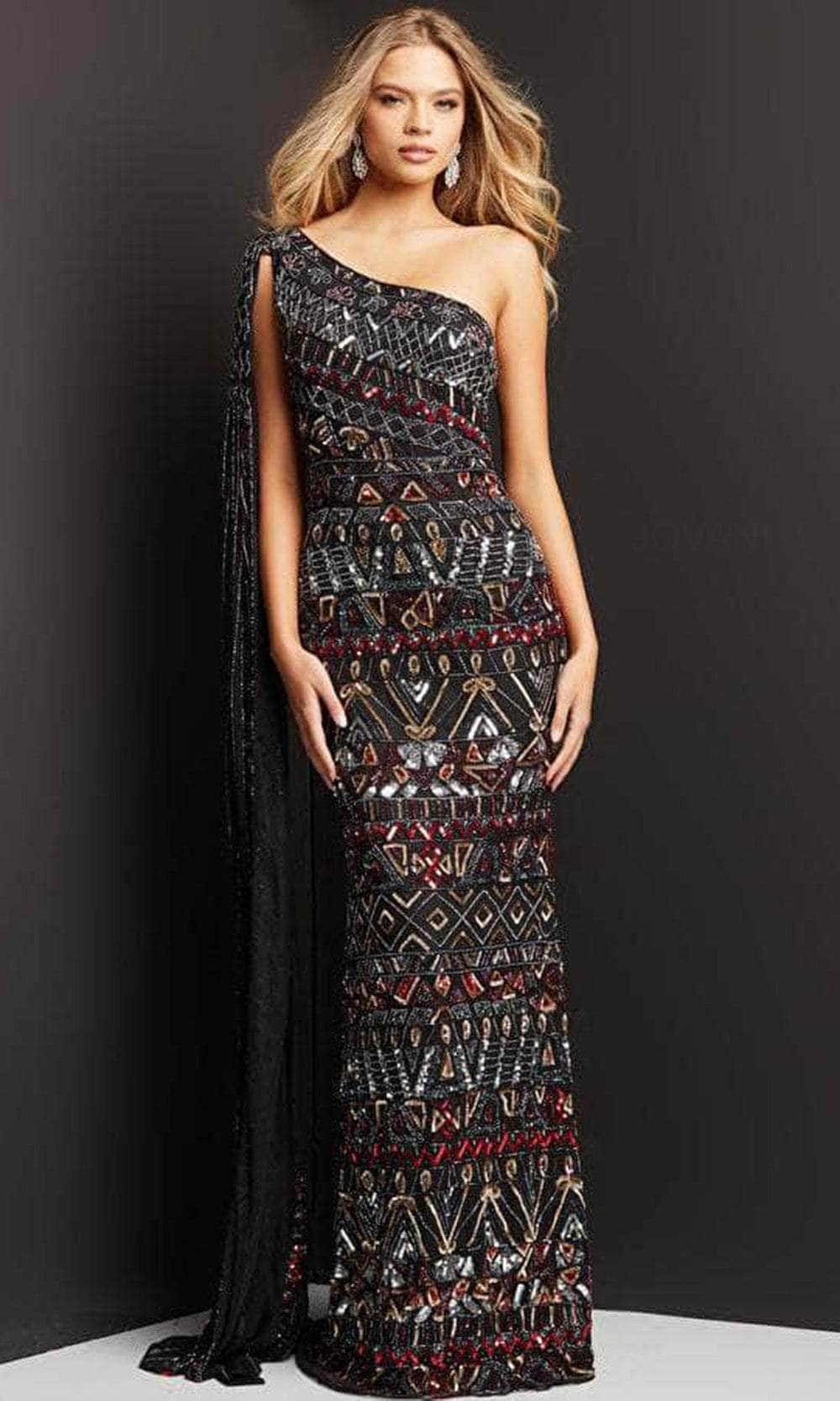 Jovani 08450 - Asymmetric with Shoulder Cape Long Dress Prom Dresses