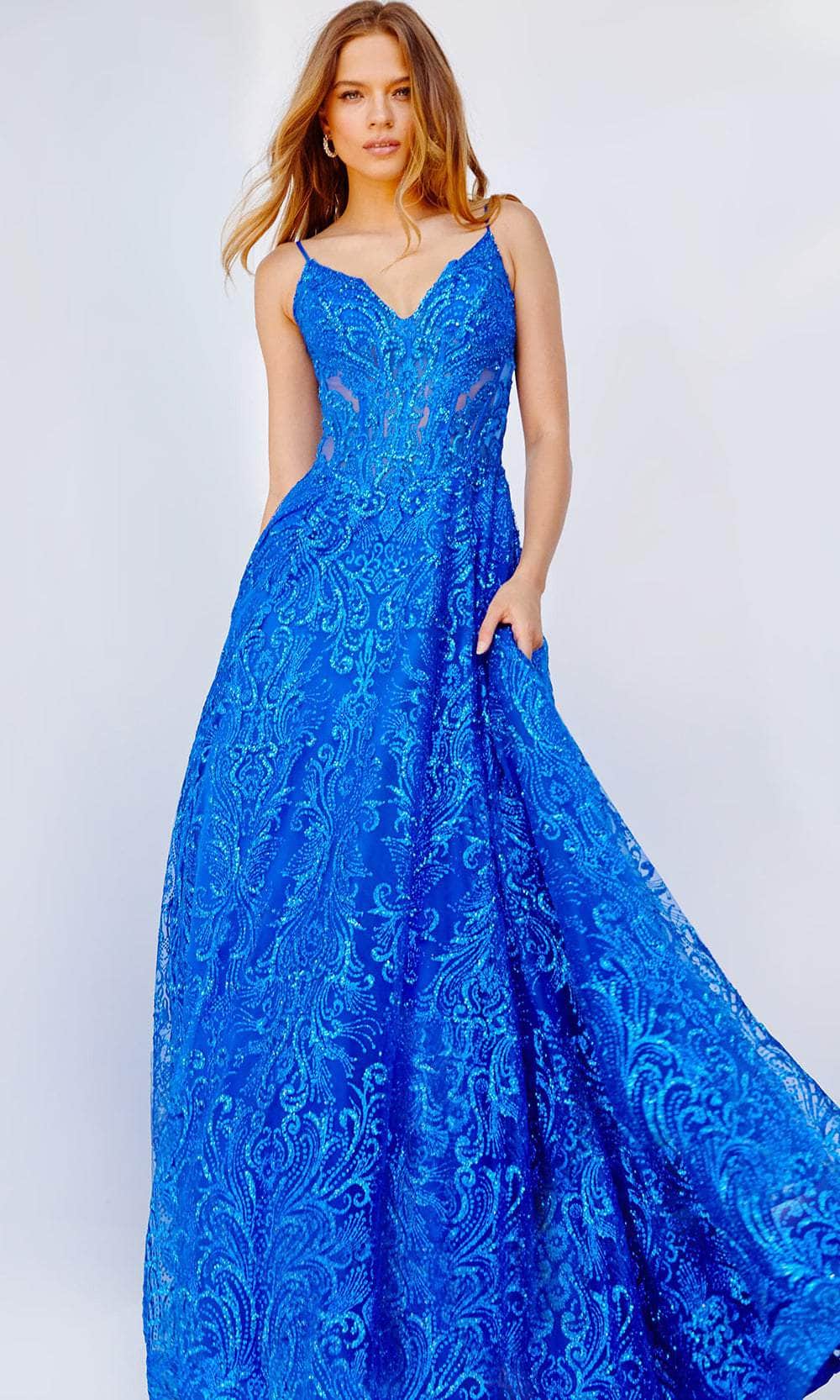 Jovani 09016 - Spaghetti Strap Glitter Prom Dress Special Occasion Dress 00 / Royal