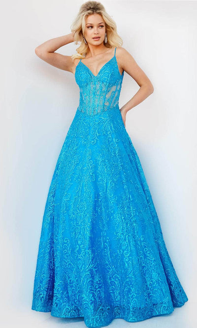 Jovani 09016 - Spaghetti Strap Glitter Prom Dress Special Occasion Dress 00 / Turquoise