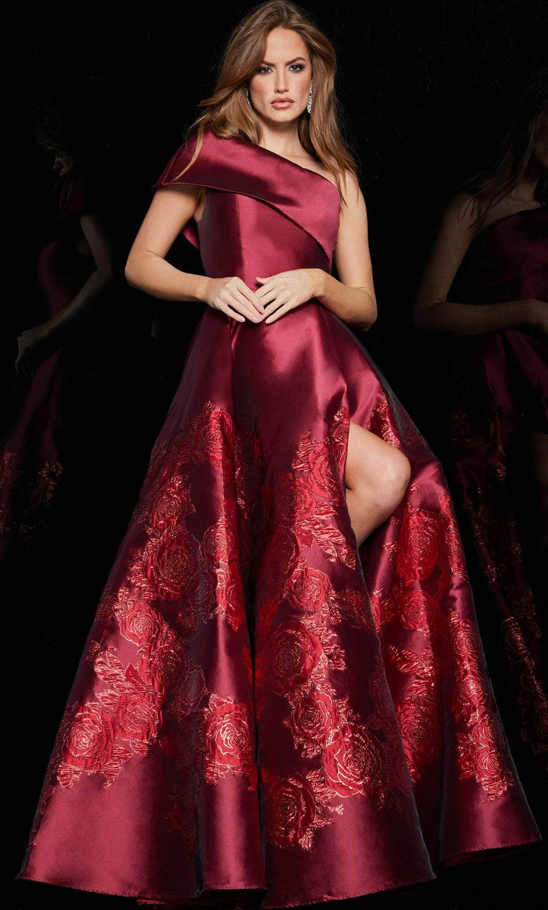 Jovani 09610 - One Shoulder Floral Ballgown Prom Dresses 00 / Red