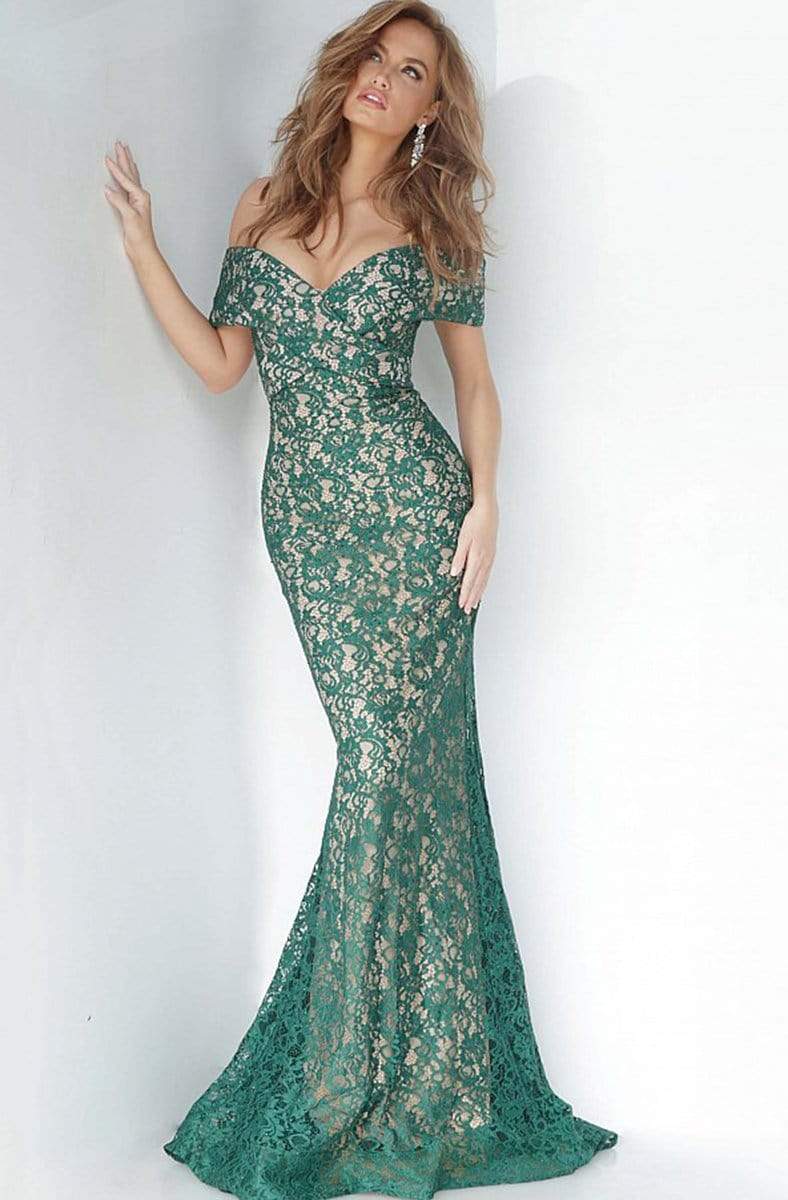 Jovani - 1974 Off-Shoulder Lace Mermaid Dress Evening Dresses 00 / Hunter