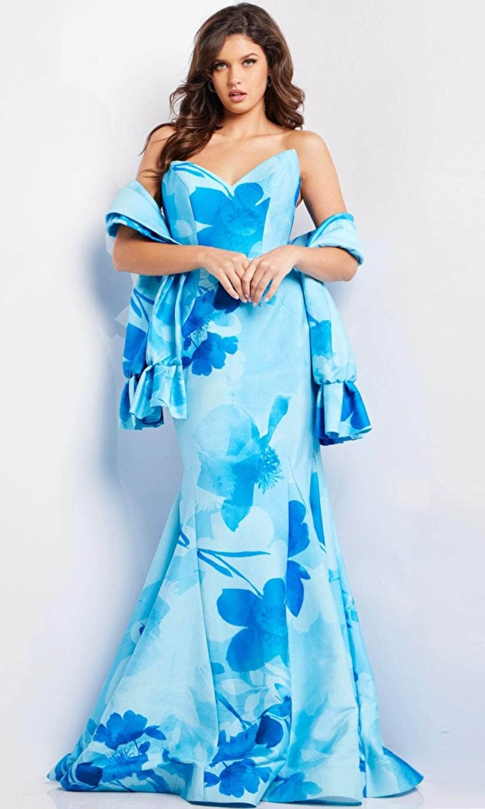 Jovani 22706 - Strapless Floral Printed Prom Dress Special Occasion Dress 00 / Blue