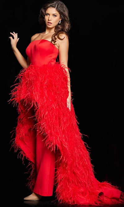 Jovani 22817 - Feathered Overskirt Jumpsuit Special Occasion Dress 00 / Red