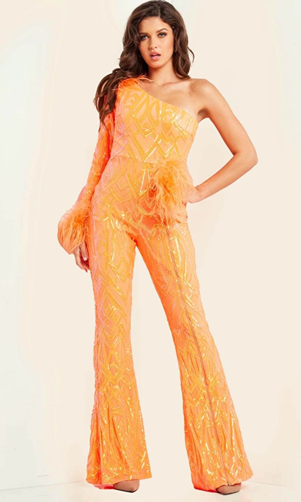 Jovani 23026 - Beaded Asymmetrical Jumpsuit Special Occasion Dress 00 / Orange