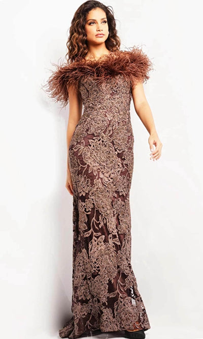 Jovani 23030 - Feathered Lace Evening Dress Special Occasion Dress 00 / Brown