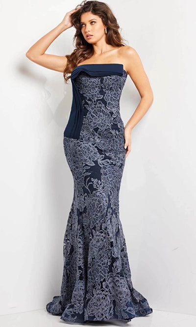 Jovani 23031 - Floral Lace Evening Dress Special Occasion Dress 00 / Navy