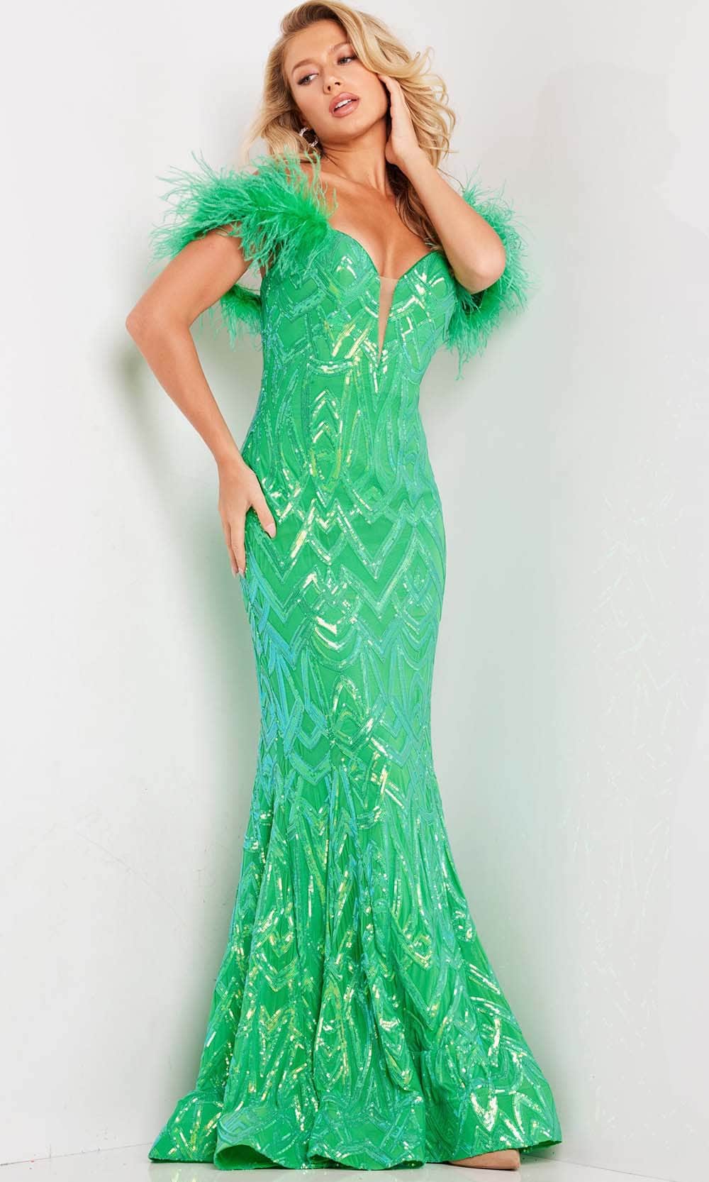 Jovani 23383 - Long Stretch Mesh Mermaid Dress - Feather Sleeves, Sequins, Illusion Inset, Concealed Zipper Closure, Midrise Back, Sweep Train ADASA Jovani 23383 - Long Stretch Mesh Mermaid Dress - Feather Sleeves, Sequins, Illusion Inset, Concealed Zipper Closure, Midrise Back, Sweep Train ADASA