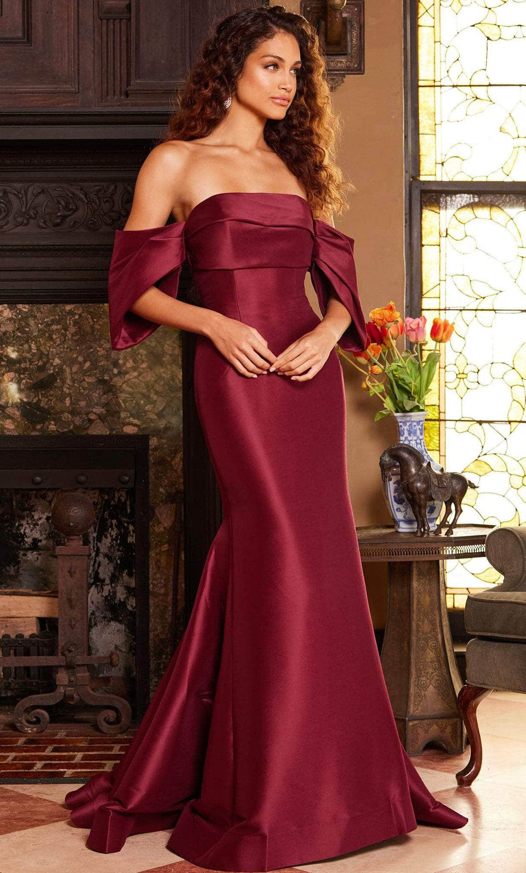 Jovani 23398 - Drape Sleeve Mermaid Evening Dress Special Occasion Dress 00 / Burgundy