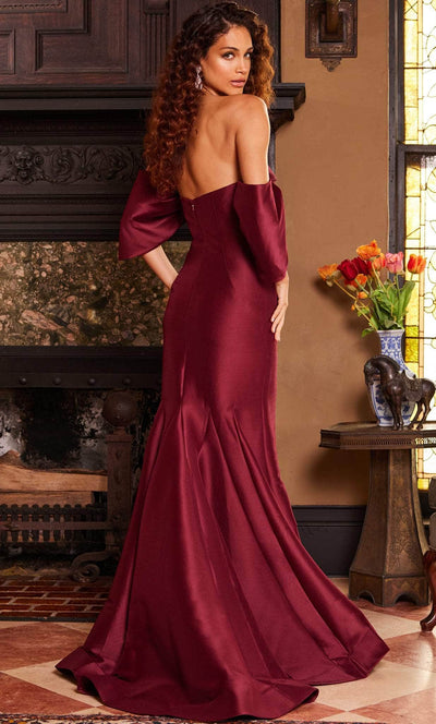 Jovani 23398SC - Off Shoulder Sleeve Evening Dress Evening Dresses 12 / Burgundy