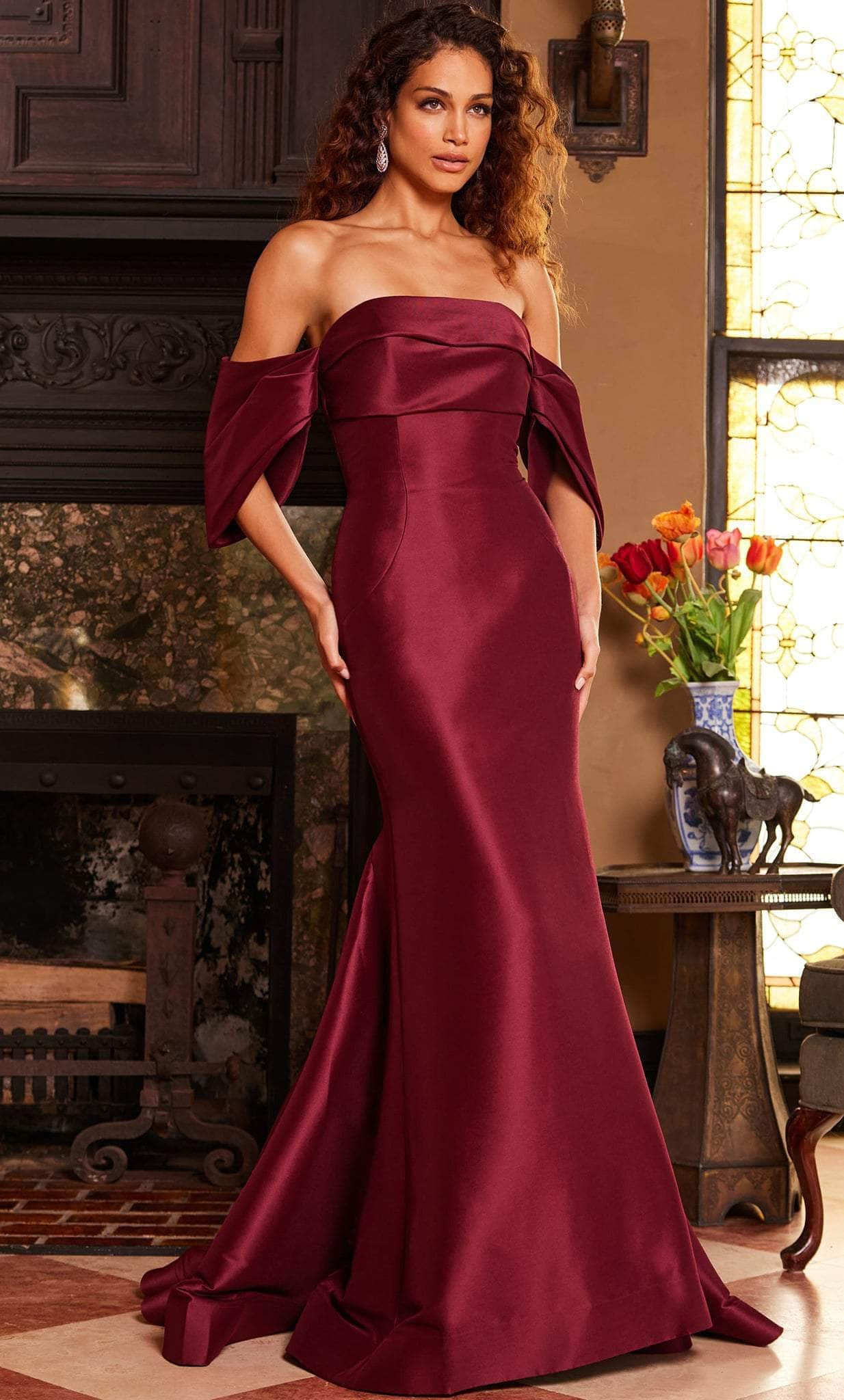 Jovani 23398SC - Off Shoulder Sleeve Evening Dress Evening Dresses 12 / Burgundy