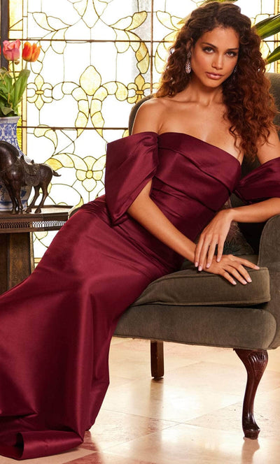 Jovani 23398SC - Off Shoulder Sleeve Evening Dress Evening Dresses 12 / Burgundy