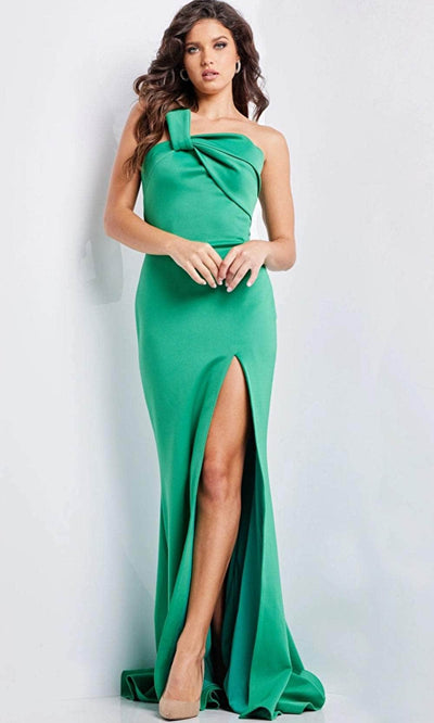 Jovani 23555 - Pleated Bodice Asymmetric Evening Gown Special Occasion Dress 00 / Green