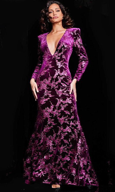 Jovani 23715 - Long Sleeve Velvet Evening Gown Special Occasion Dress 00 / Merlot