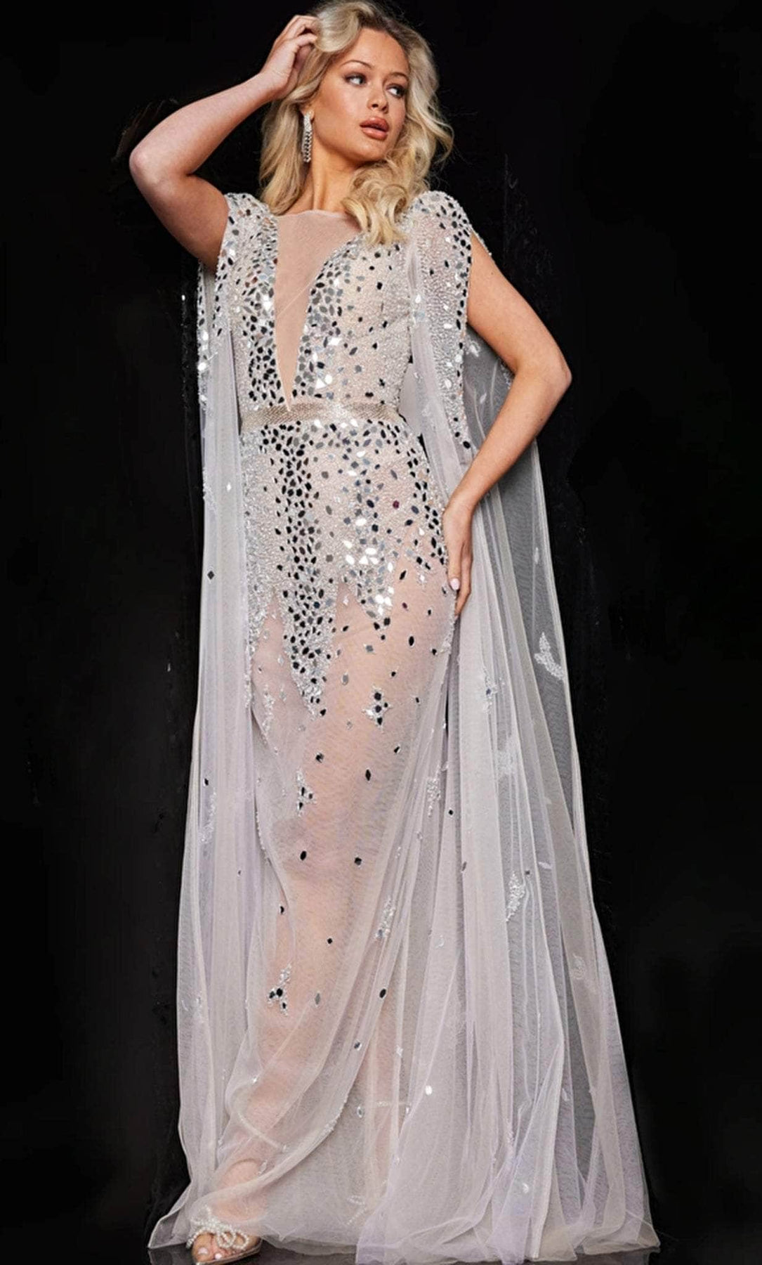 Jovani 23747 - Long Sheath Dress - Sheer, Crystal Beaded, Side Cape, High V Back, Back Zipper, Illusion Inset, Sweep Train 12 / Off-White Jovani 23747 - Long Sheath Dress - Sheer, Crystal Beaded, Side Cape, High V Back, Back Zipper, Illusion Inset, Sweep Train 12 / Off-White