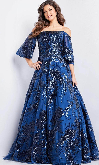 Jovani 23765 - Off-Shoulder Sequin Embellished Prom Gown Special Occasion Dress 00 / Navy