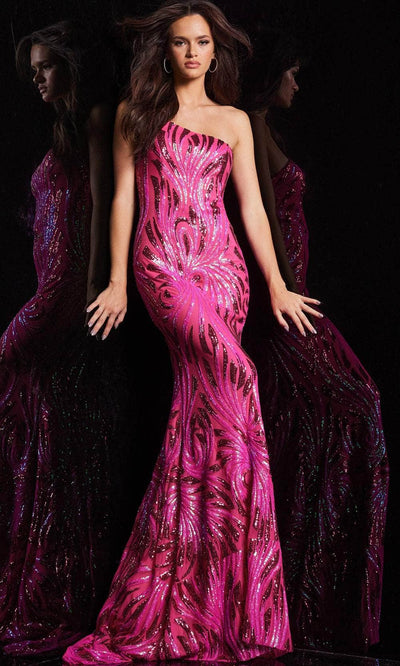 Jovani 23876 - Sequined Asymmetric Prom Gown Special Occasion Dress 00 / Hot-Pink