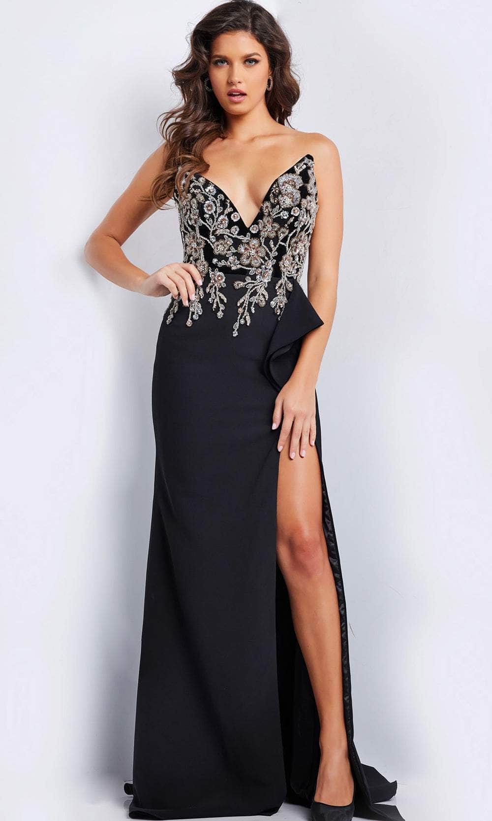 Jovani 23938 - Strapless High Slit Evening Gown Special Occasion Dress 00 / Black