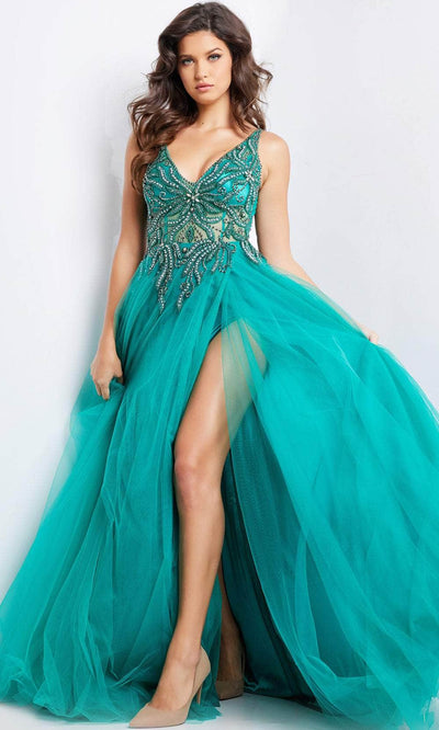 Jovani 23962 - V-Neck Embellished Ballgown with Slit Special Occasion Dress 00 / Emerald