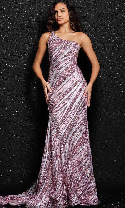 Jovani 24031 - One Shoulder Sequin Prom Dress Special Occasion Dress 00 / Pink/Silver