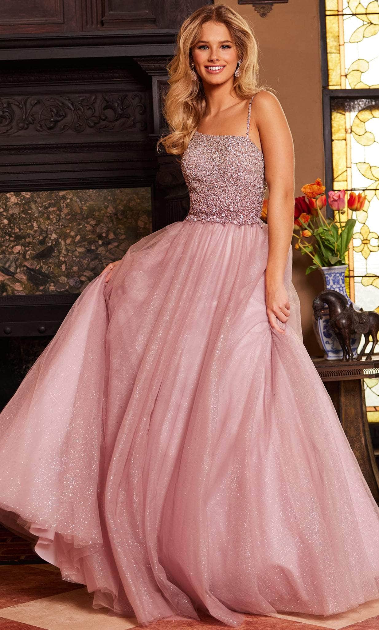 Jovani 24051 - Beaded Asymmetric Neck Ballgown Special Occasion Dress 00 / Ice Pink
