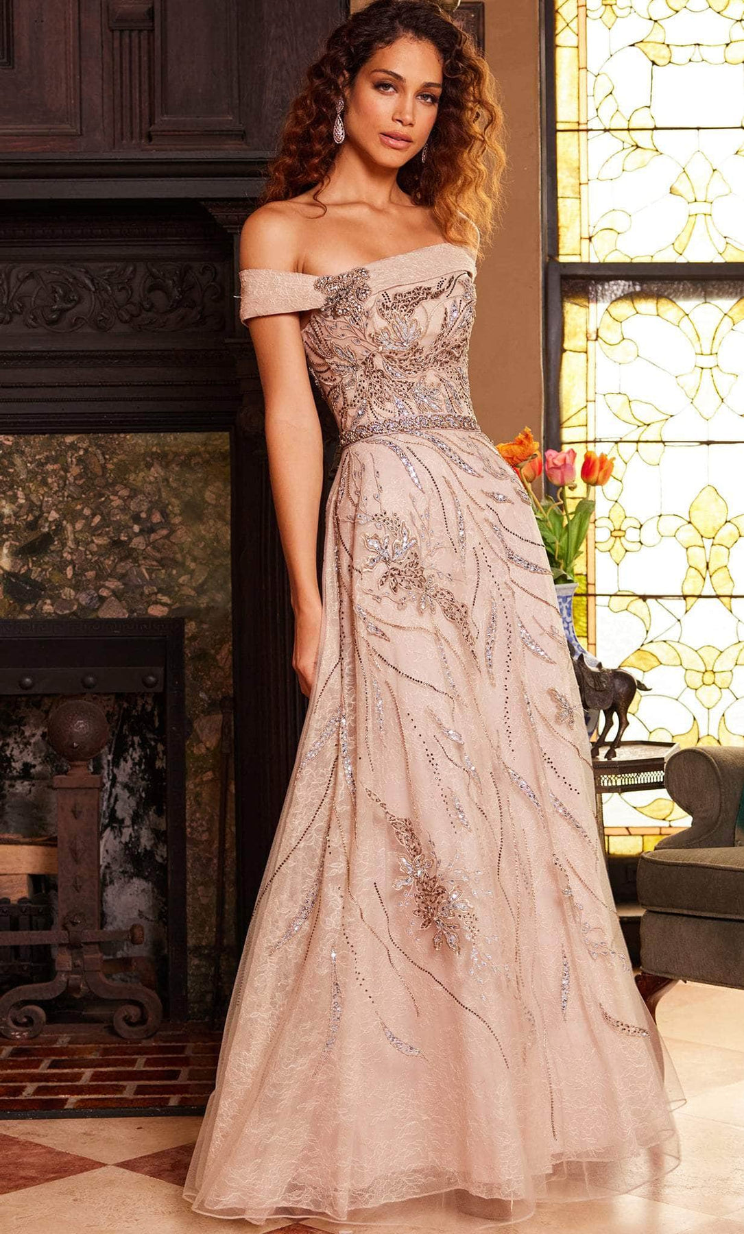sequin embroidered open back dress in ivory Sequin Embroidered Bride Dress: V-Neck Open Back Prom Gown