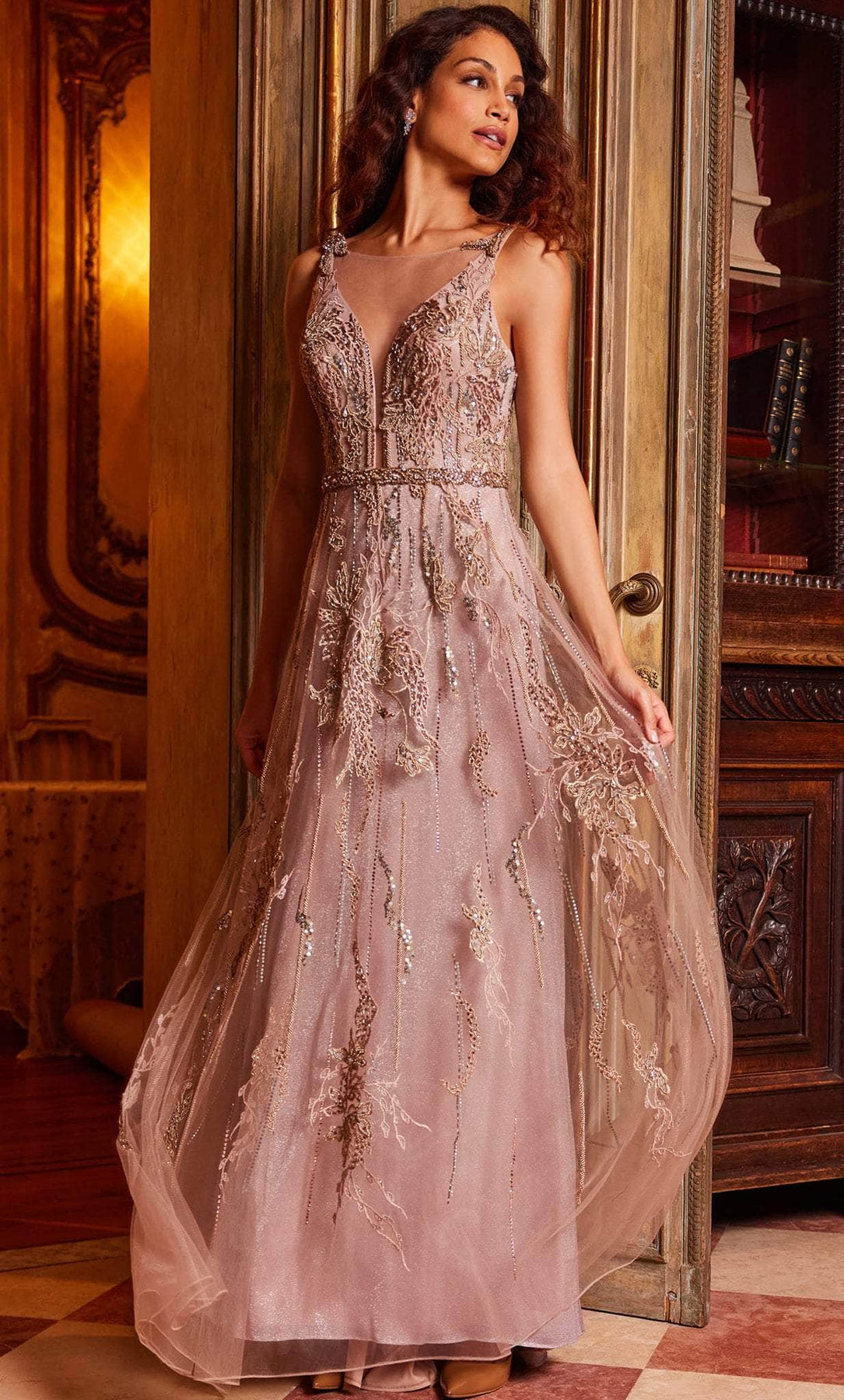 Jovani 24057 - Long Beaded Mesh, Embroidery A-Line Dress - Plunging V-Notch, Beaded, Embroidery, Jeweled Belt, V-Back, Sweep Train 0 / Rose/Gold Jovani 24057 - Long Beaded Mesh, Embroidery A-Line Dress - Plunging V-Notch, Beaded, Embroidery, Jeweled Belt, V-Back, Sweep Train 0 / Rose/Gold