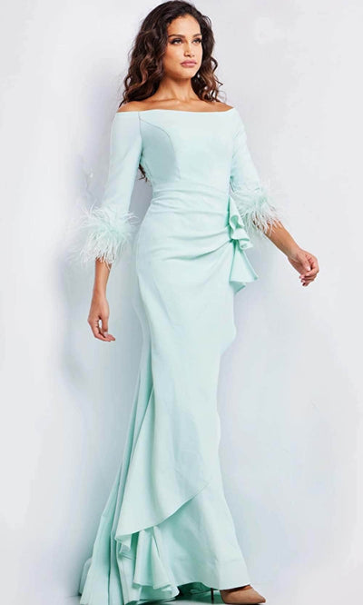Jovani 24195 - Feather Cuff Evening Dress Special Occasion Dress 00 / Mint