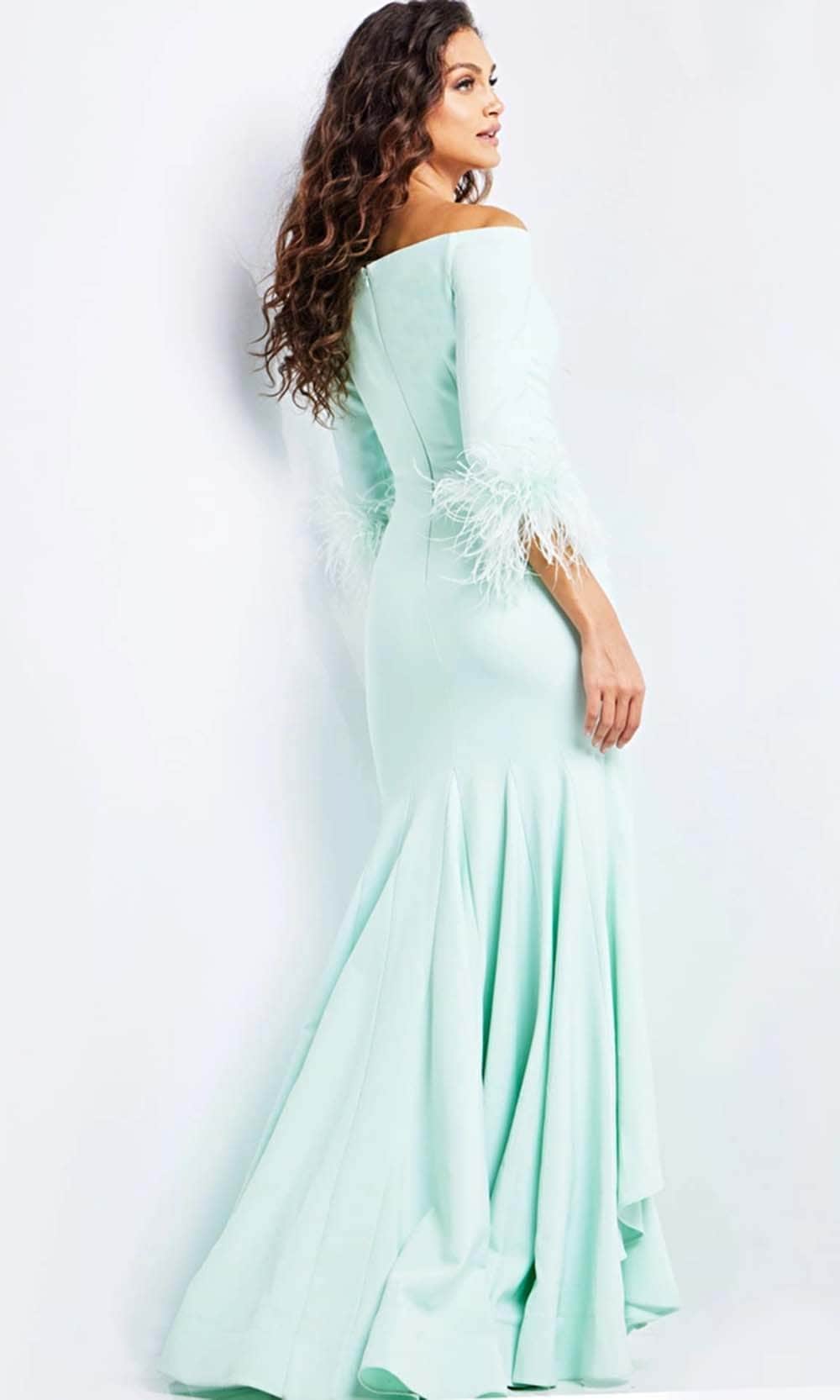 jovani green feather dress Jovani 23383 Feather Off Shoulder Sequin Long Formal Prom Dress