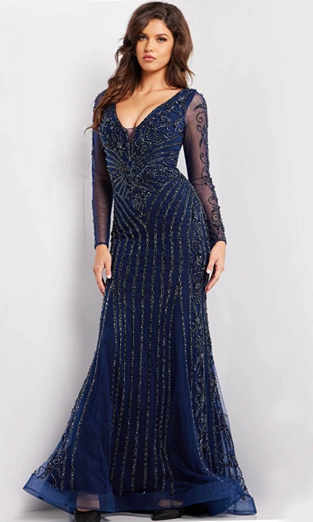 Jovani 24236 - Illusion Sleeve Mermaid Evening Gown Special Occasion Dress 00 / Navy