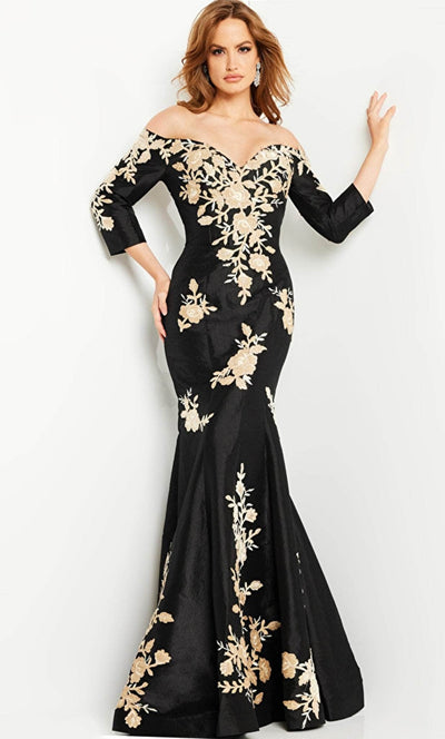 Jovani 24327 - Floral Off Shoulder Mermaid Dress Special Occasion Dress 00 / Black/Gold