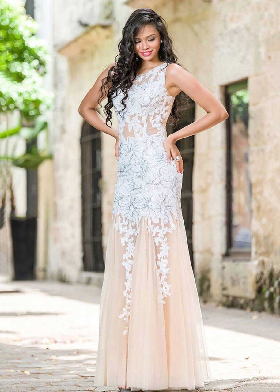 Jovani 24551 Lace Embellished Illusion Jewel Trumpet Dress CCSALE 4 / White/Nude