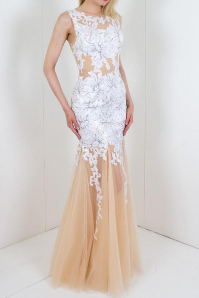 Jovani 24551 Lace Embellished Illusion Jewel Trumpet Dress CCSALE 4 / White/Nude
