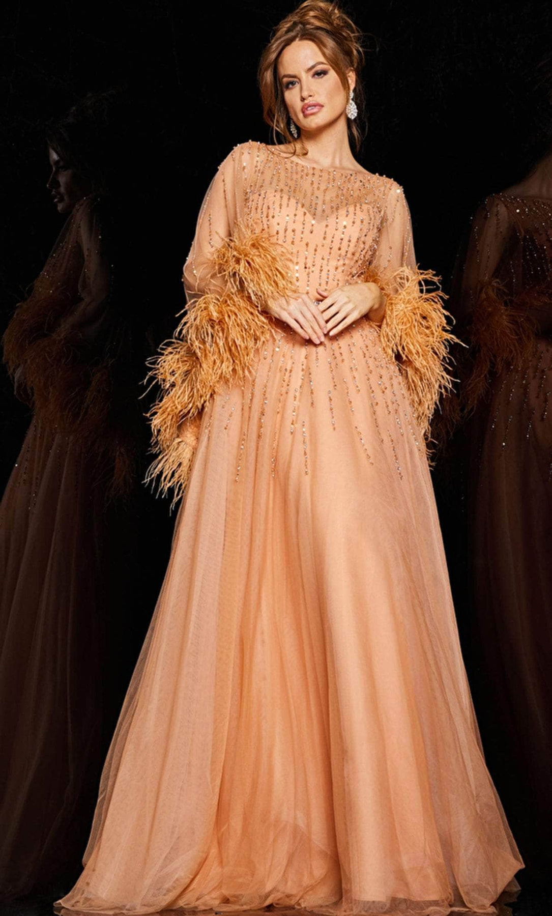 Jovani 24559 - Long A-line Dress - Sheer Cape, Fringed Hem, Stone Beaded, High V Back, Back Zipper, Sweep Train ADASA Jovani 24559 - Long A-line Dress - Sheer Cape, Fringed Hem, Stone Beaded, High V Back, Back Zipper, Sweep Train ADASA