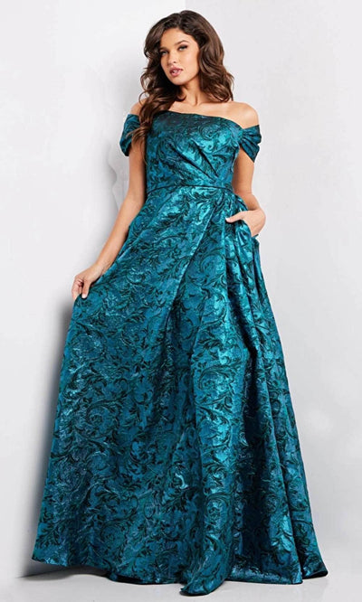 Jovani 25665 - Off Shoulder Jacquard Print Evening Gown Special Occasion Dress 00 / Peacock/Teal