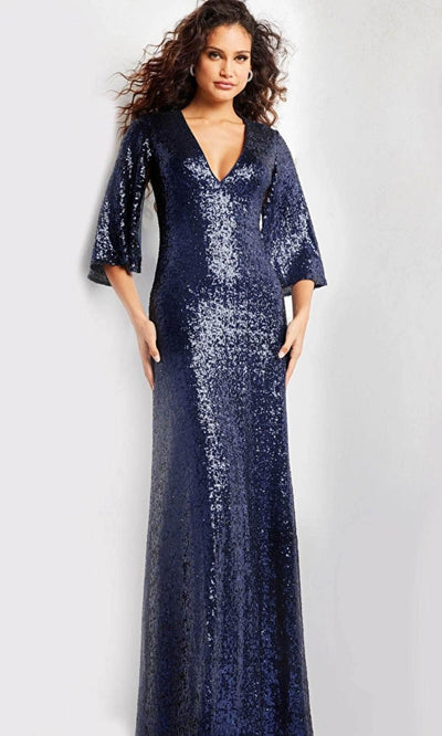 Jovani 25753 - Deep V-Neck Shimmer Evening Gown Special Occasion Dress 00 / Navy