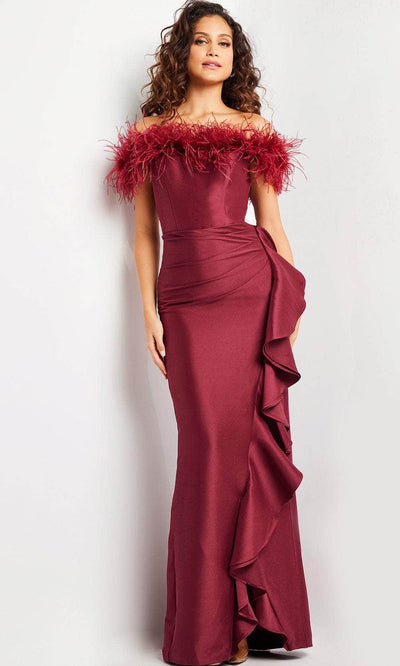 Jovani 25786 - Feather Neckline Evening Dress Special Occasion Dress 00 / Burgundy
