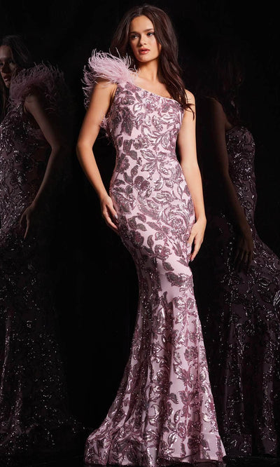 Jovani 25901 - Feather Strap Sequin Prom Gown Special Occasion Dress 00 / Pink
