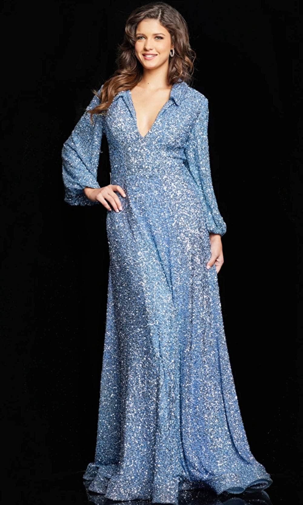 Jovani 25950 - Glitter V-Neck Evening Dress Special Occasion Dress 00 / Blue