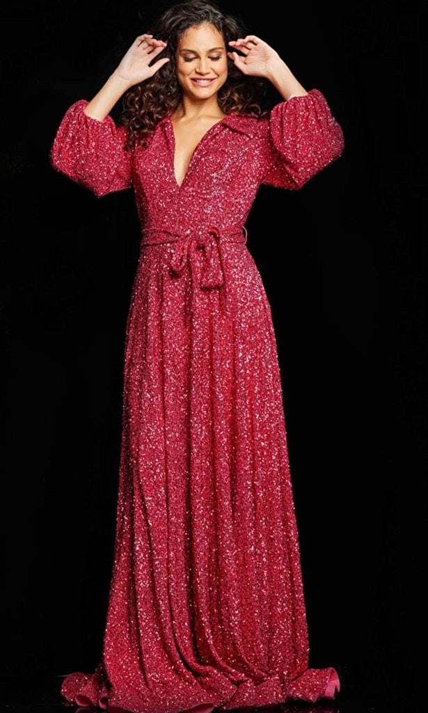 Jovani 25950 - Long A-Line Dress - Long Bishop Sleeves, Collared, Tie Waist, Glittering, Sweep Train ADASA Jovani 25950 - Long A-Line Dress - Long Bishop Sleeves, Collared, Tie Waist, Glittering, Sweep Train ADASA