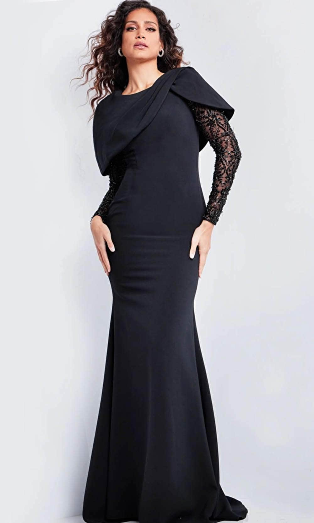 Jovani 26062 - Beaded Illusion Sleeve Evening Gown Special Occasion Dress 00 / Black